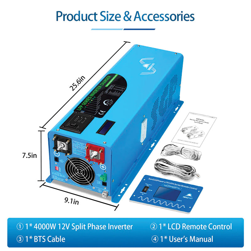 SunGoldPower 4000W DC 12V Split Phase Pure Sine Wave Inverter With Charger